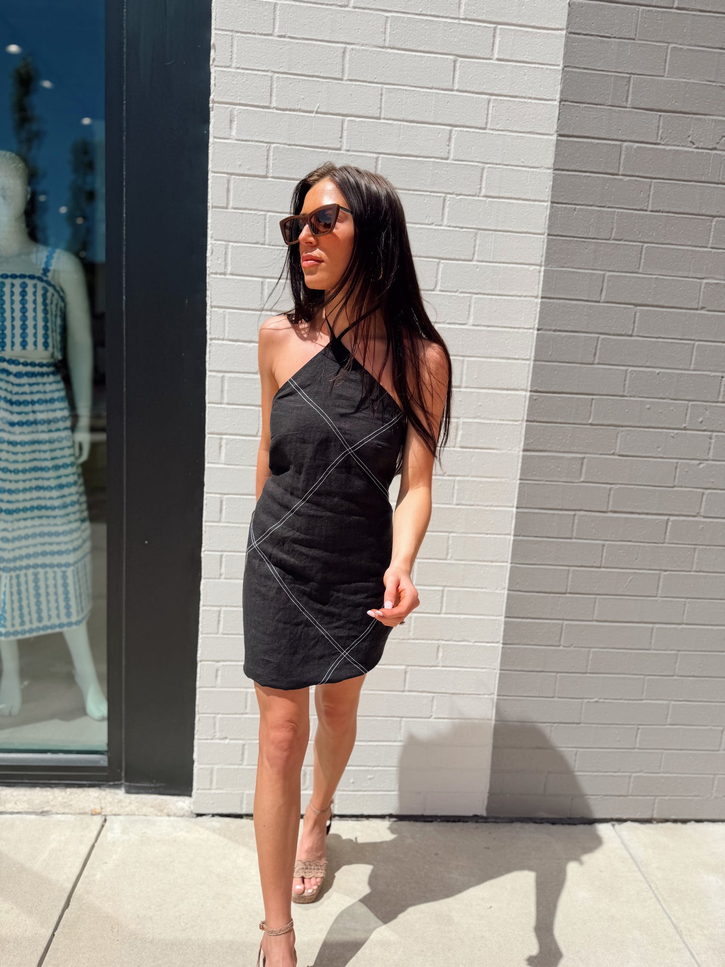 LENA LINEN CONTRAST STITCH HALTER MINI DRESS
