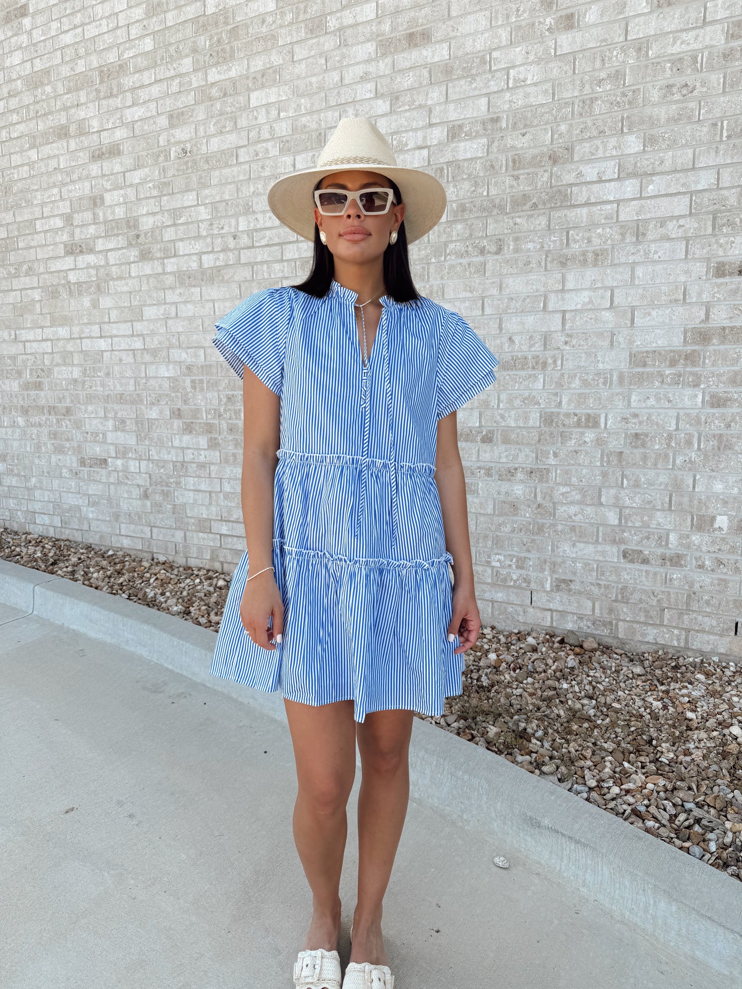 STRIPED EMPIRE TIERED MINI DRESS