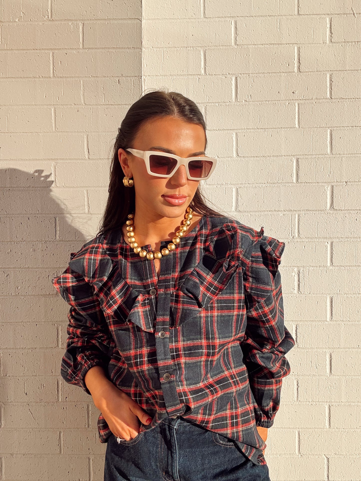 PLAID RUFFLE TOP