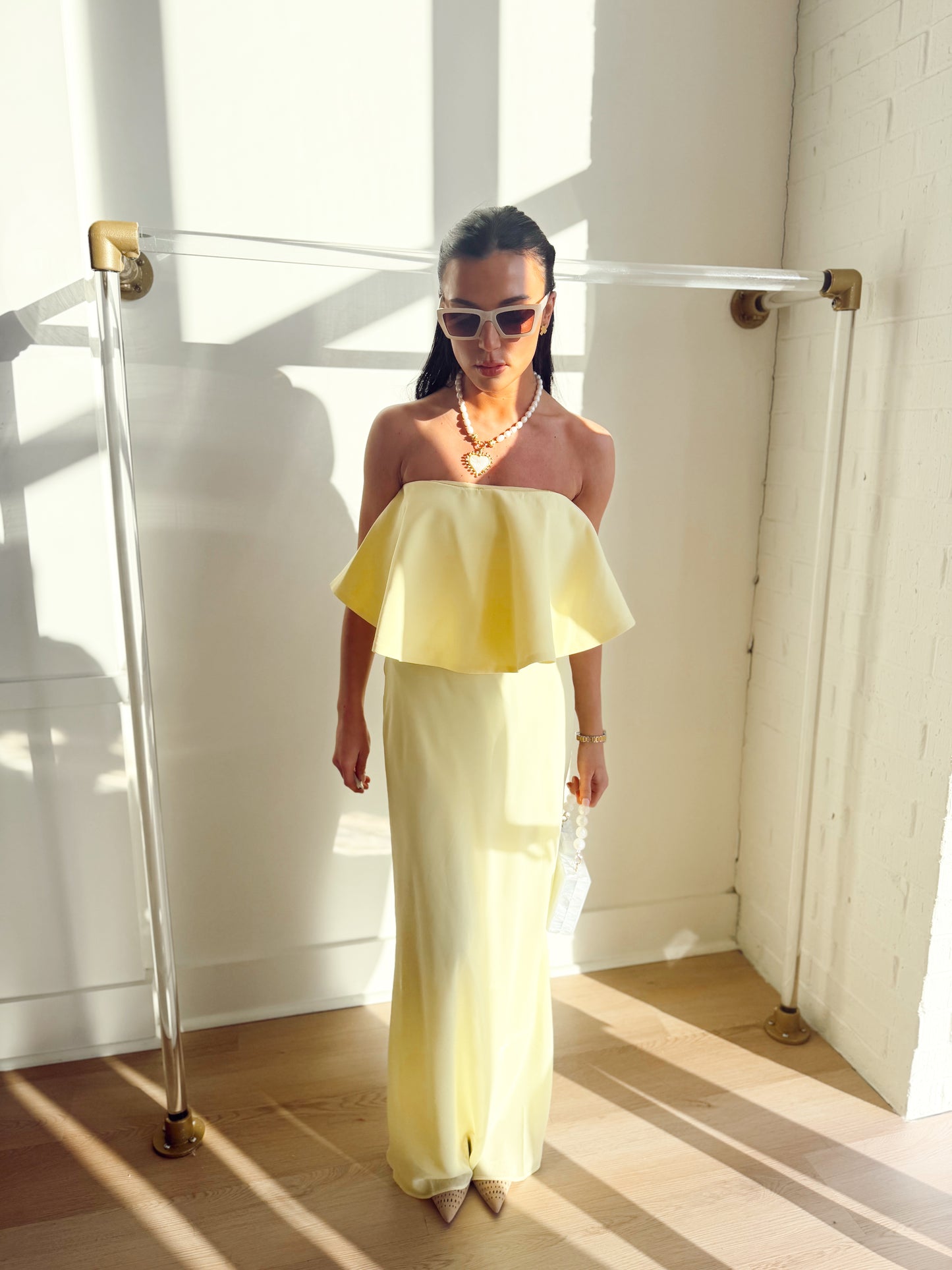 STRAPLESS RUFFLED MAXI DRESS