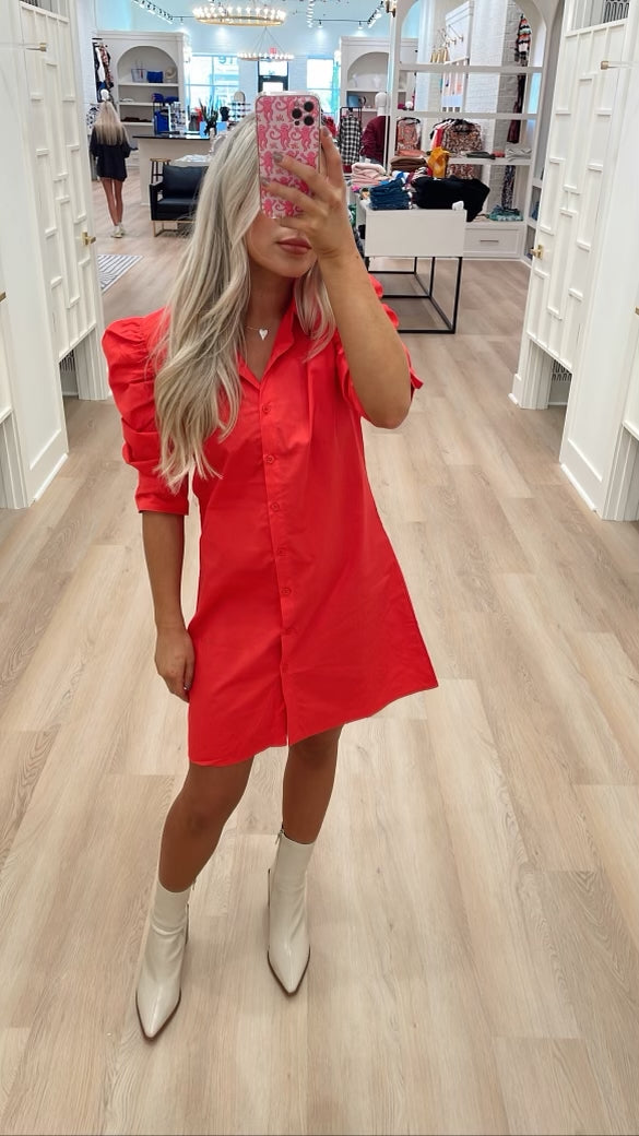 PUFF SLEEVE BUTTON DOWN SHIRT DRESS