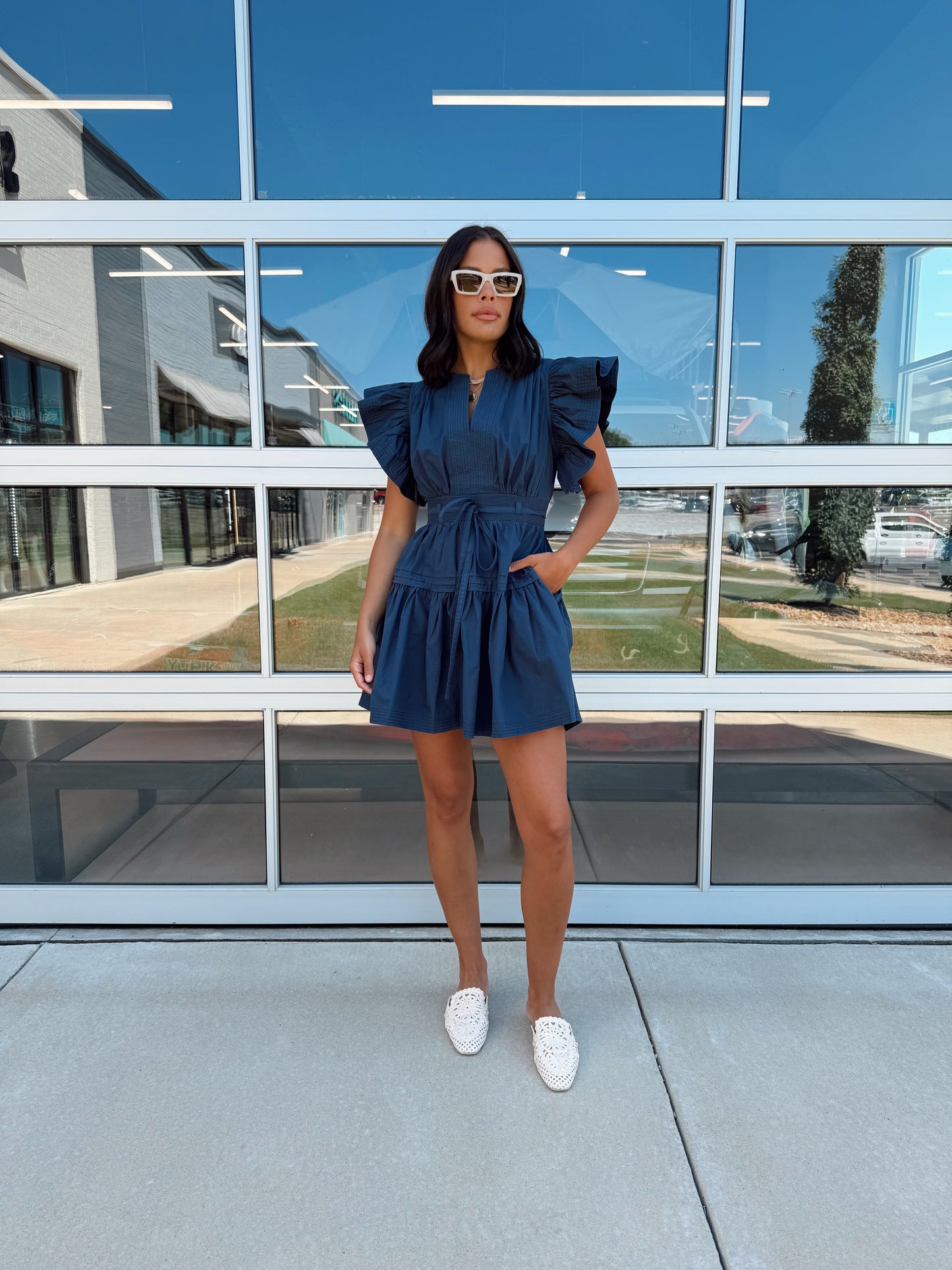 FLUTTER SLEEVELESS POPLIN MINI DRESS