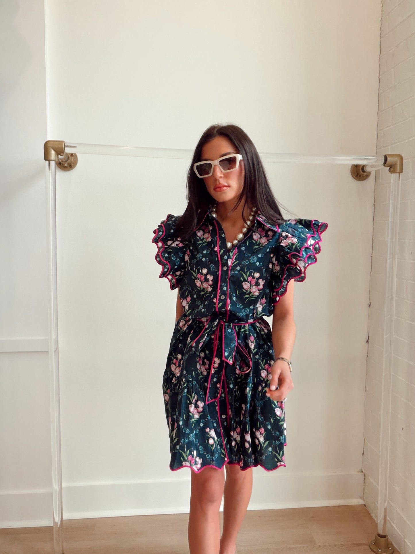 FLORAL RUFFLE SLEEVE TIE DRESS