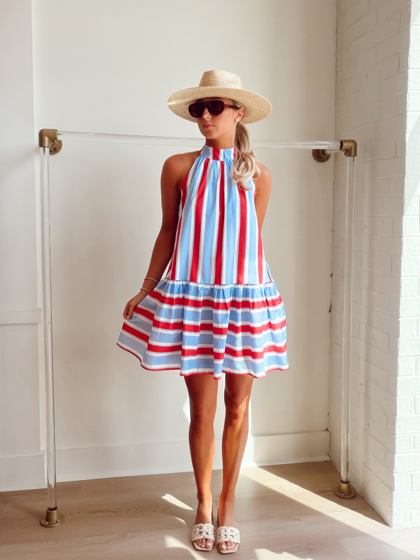 STRIPED TIE NECK RUFFLE MINI DRESS