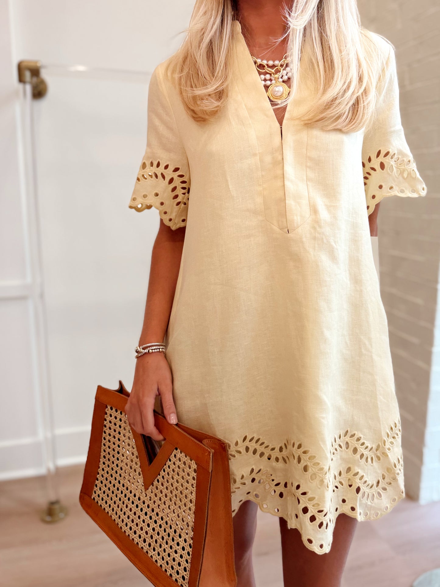 EYELET SHORT SLEEVE MINI DRESS