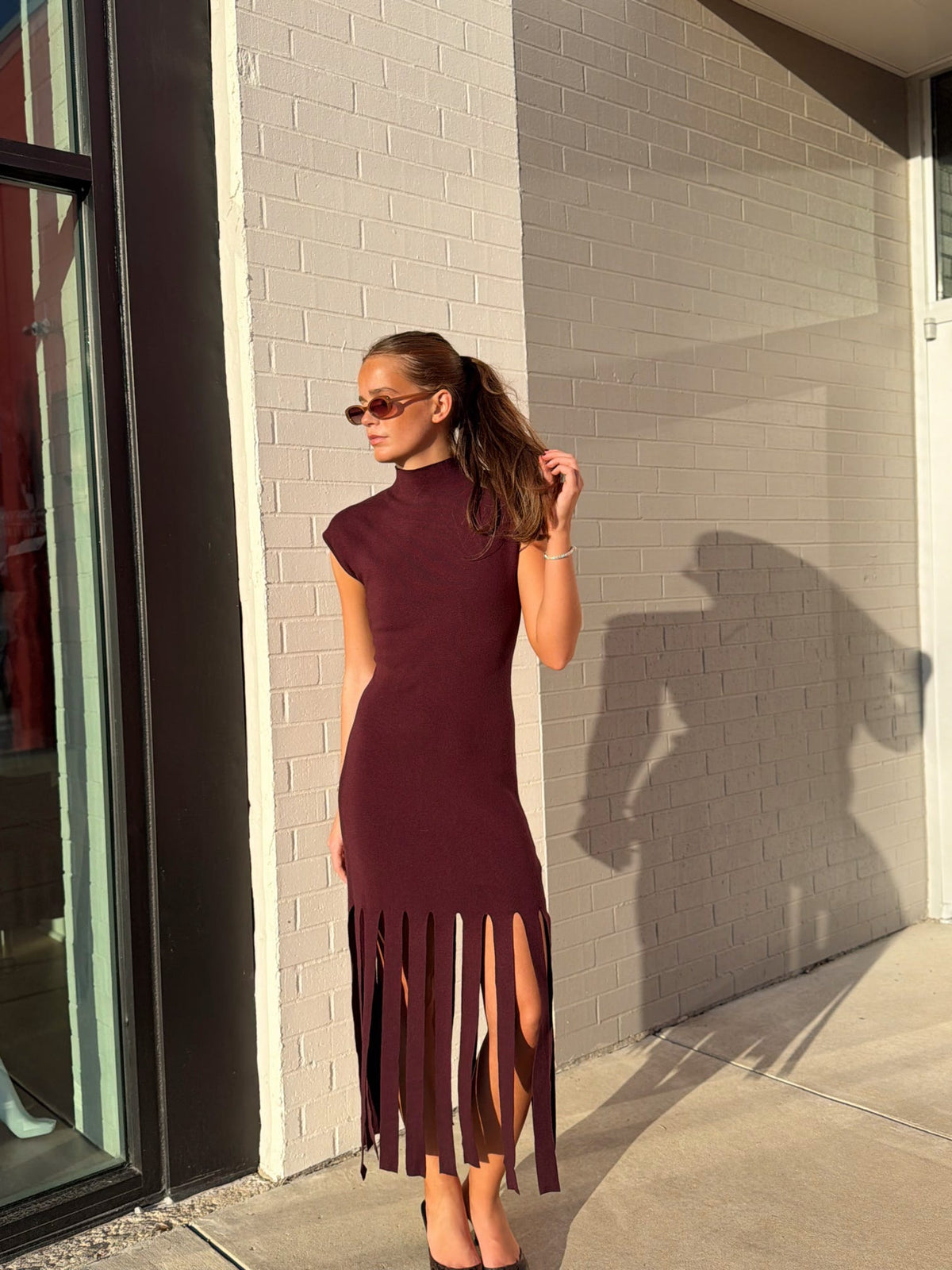 BOTTOM FRINGE SWEATER MOCK NECK DRESS