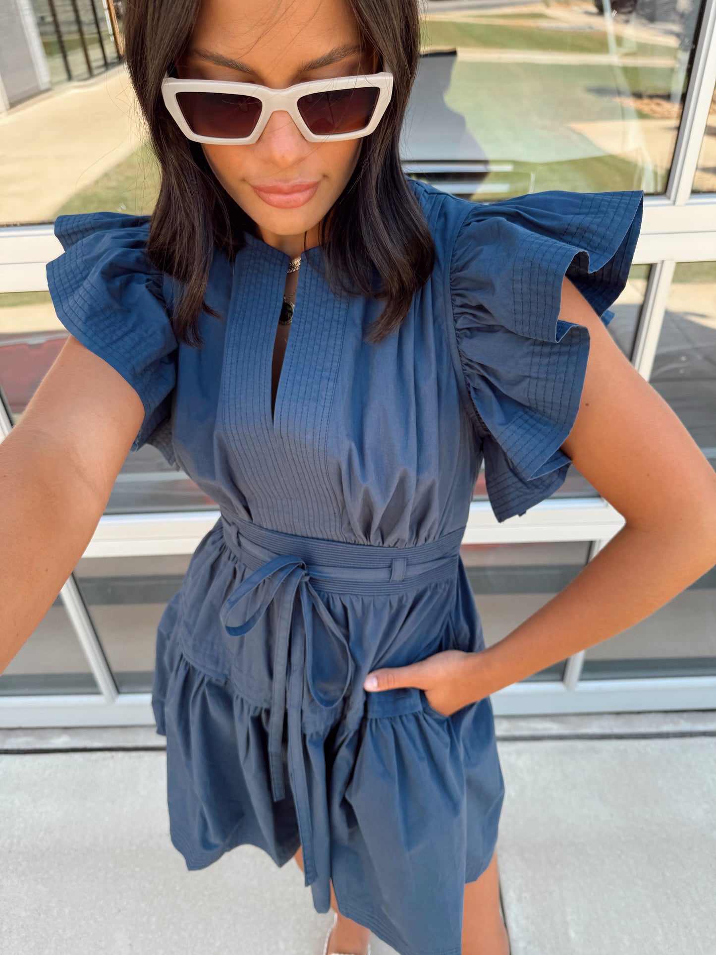 FLUTTER SLEEVELESS POPLIN MINI DRESS
