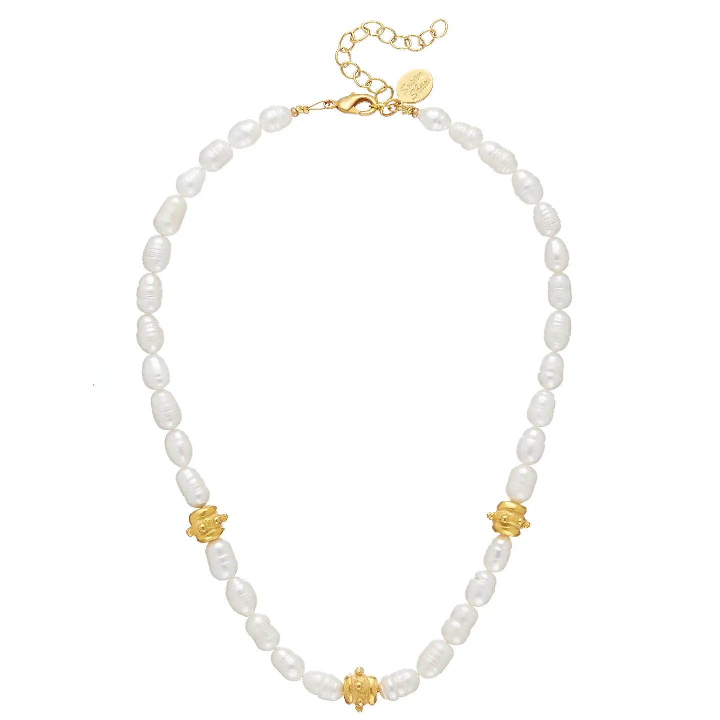 FRESHWATER PEARL NECKLACE WITH HANDCAST GOLD BENTLEY BEADS NECKLACE