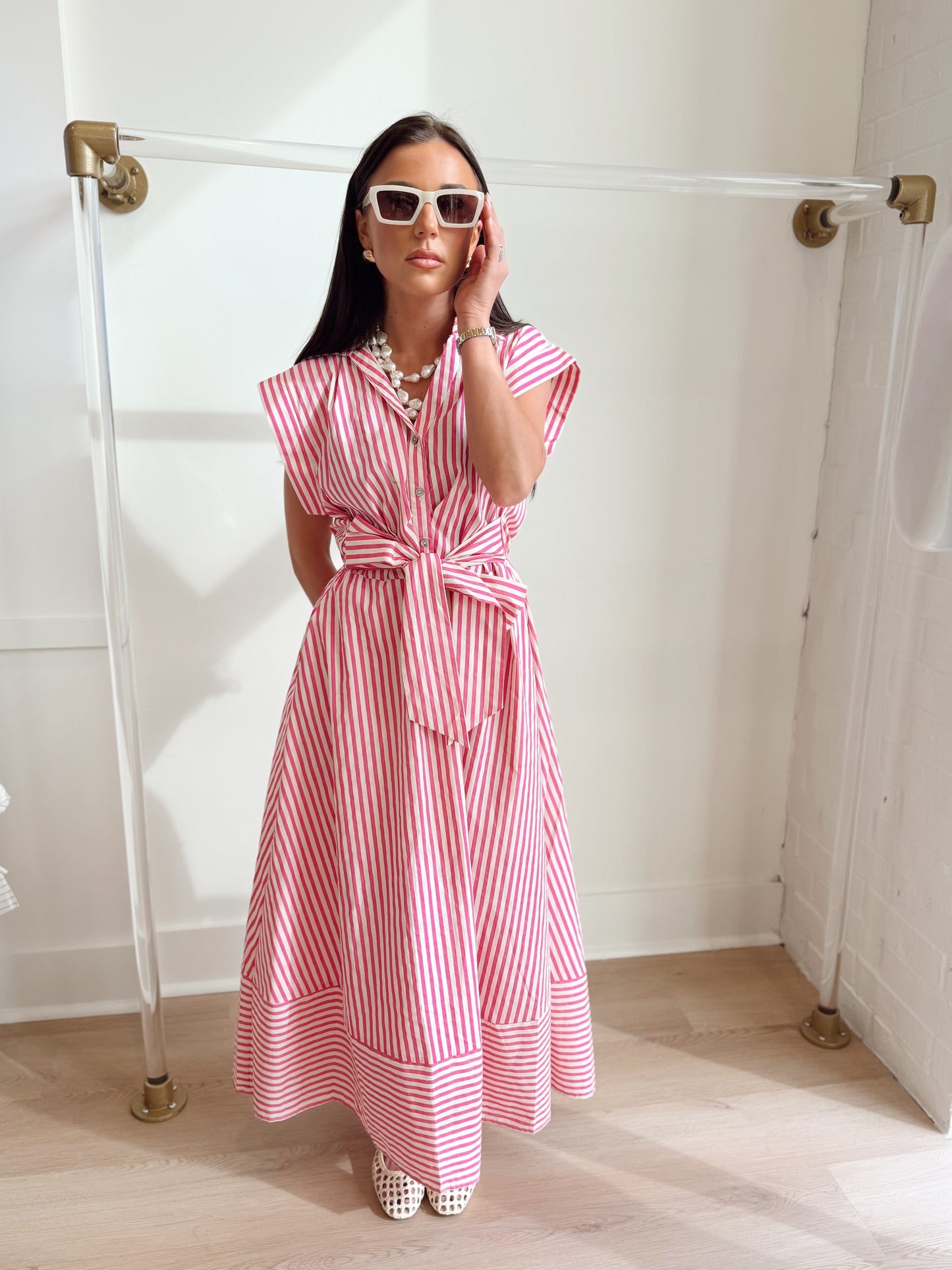 STRIPED TIE WAST MAXI DRESS