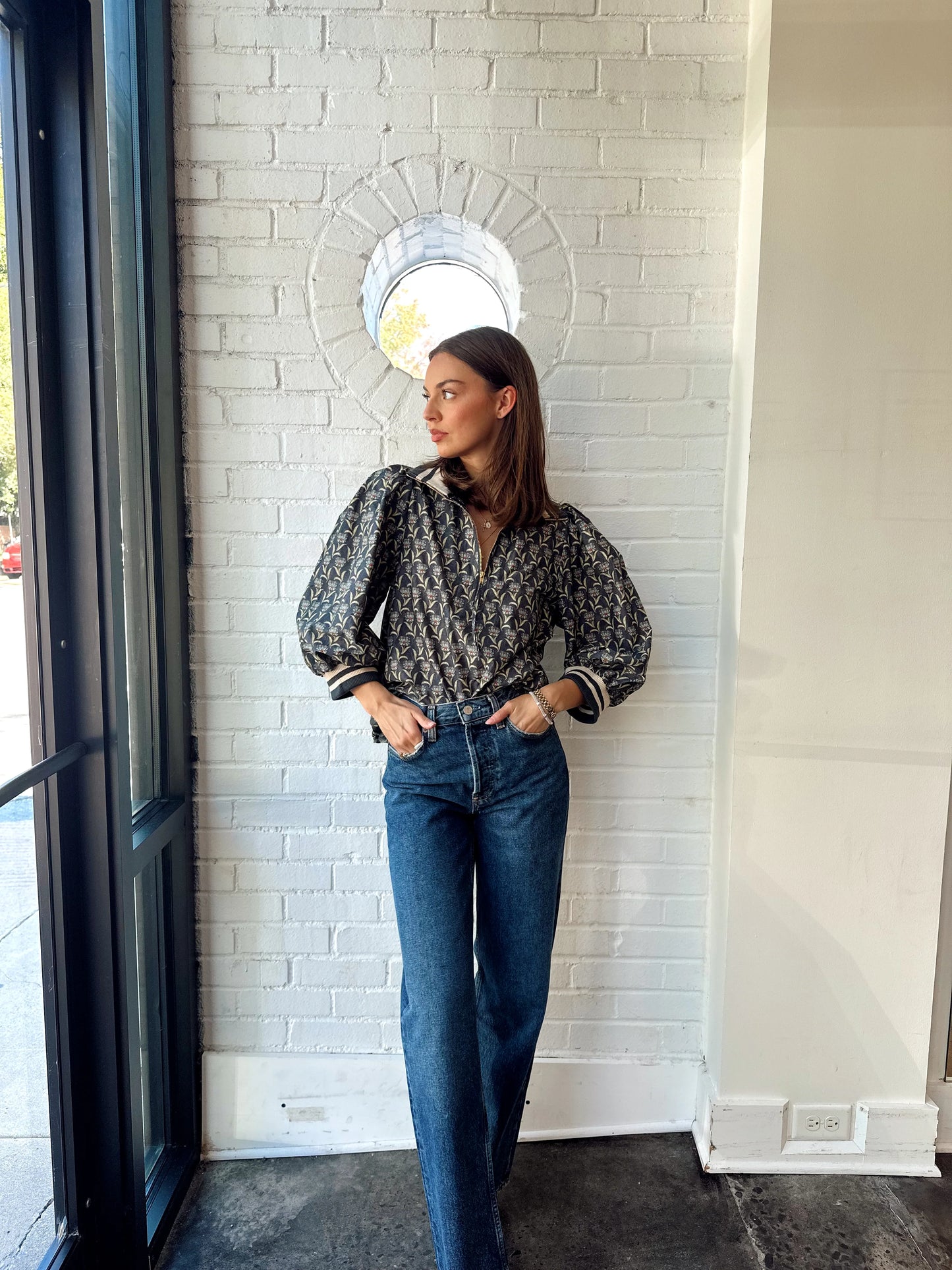 PATRICIA COLLAR FLORAL HALF ZIP TOP