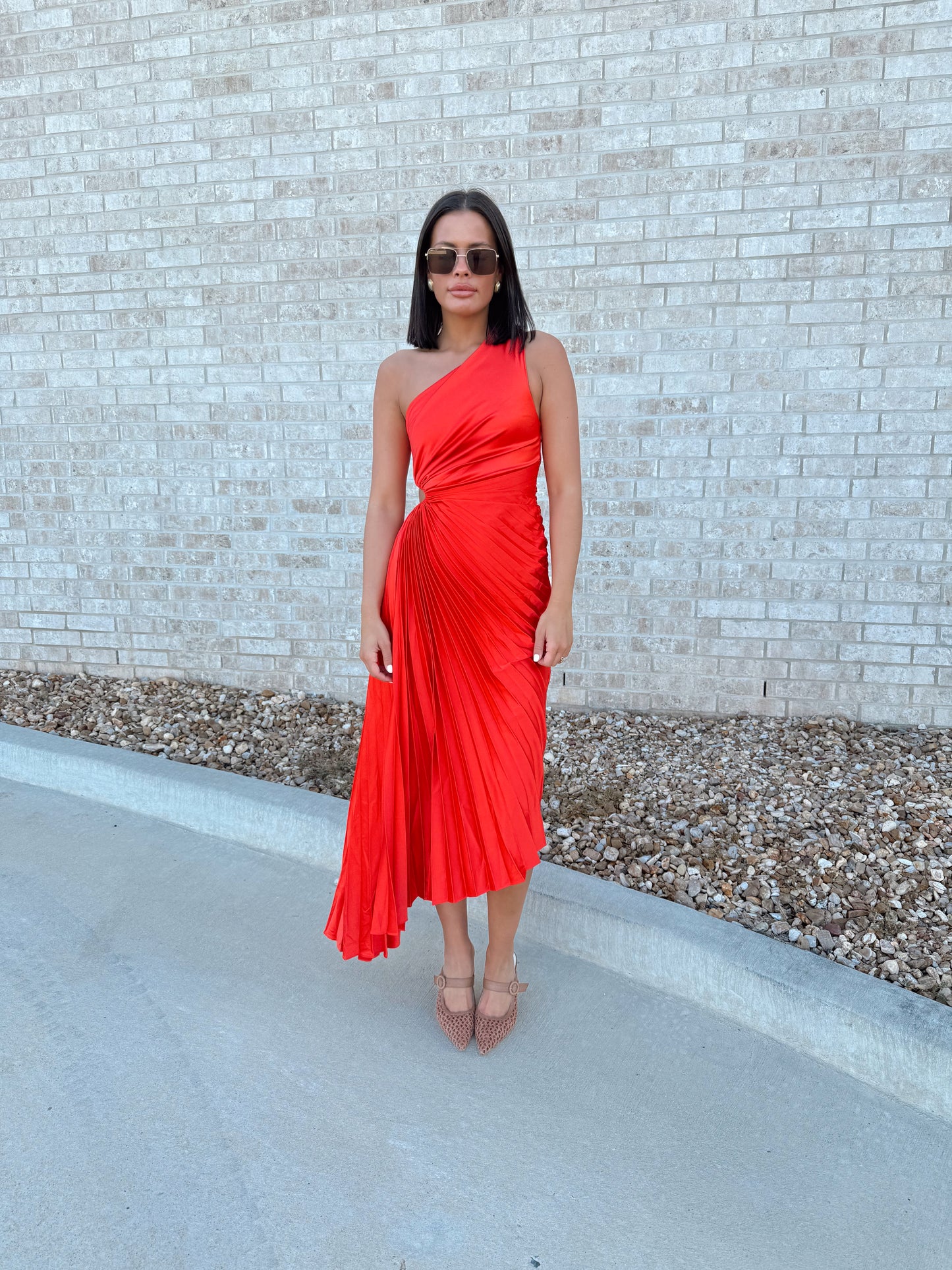 SOLID SATIN ONE SHOULDER PLEATED MAXI DRESS