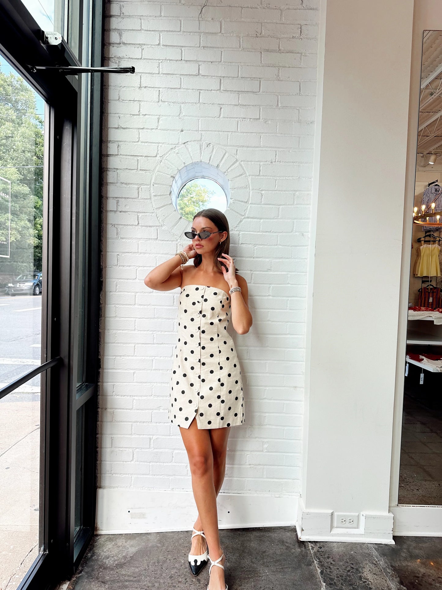 POLKA DOT LINEN STRAPLESS DRESS