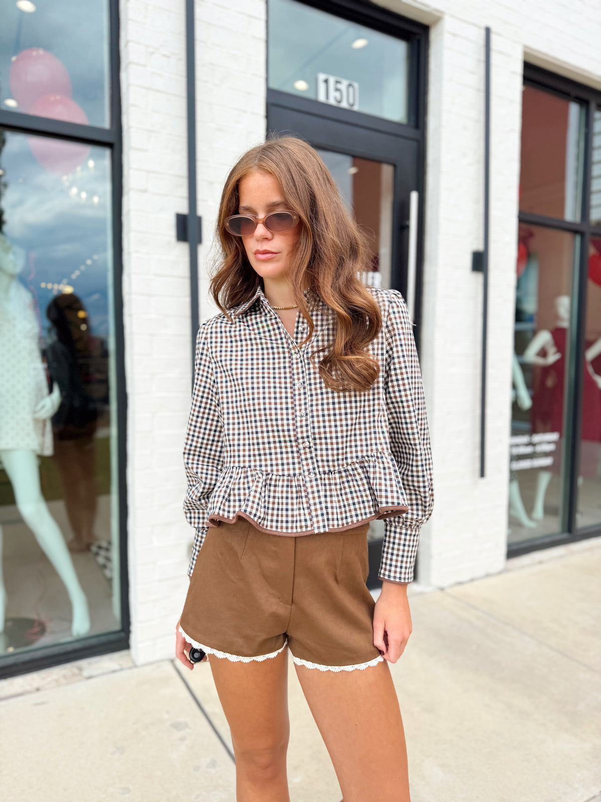 LONG SLEEVE GINGHAM COLLARED TOP