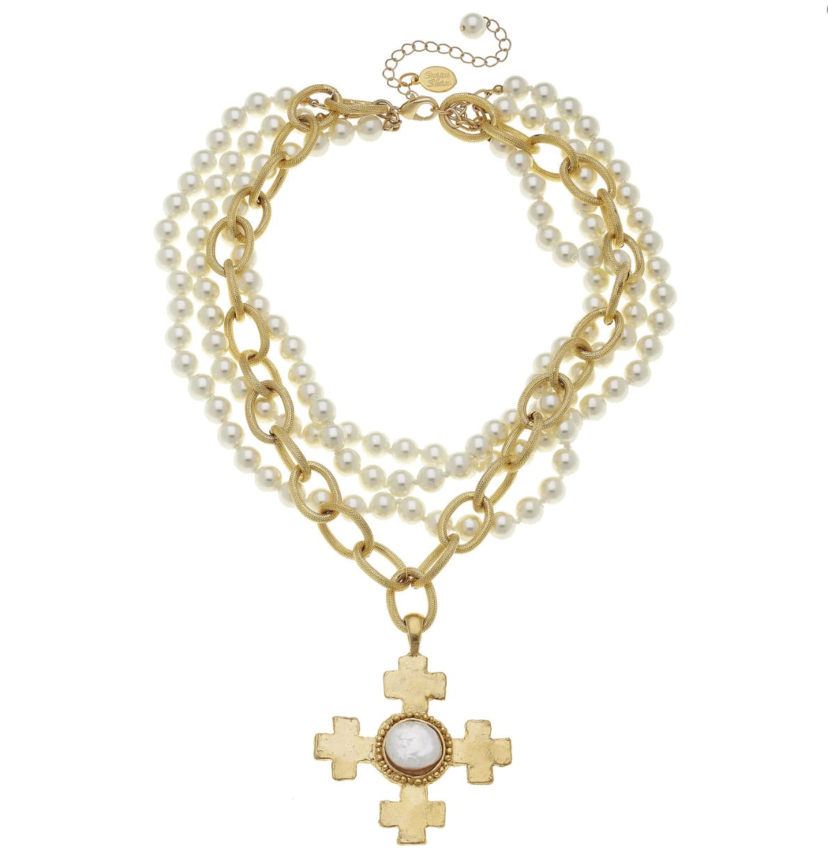 QUAD CROSS PENDANT ON MULTI STRAND PEARL NECKLACE