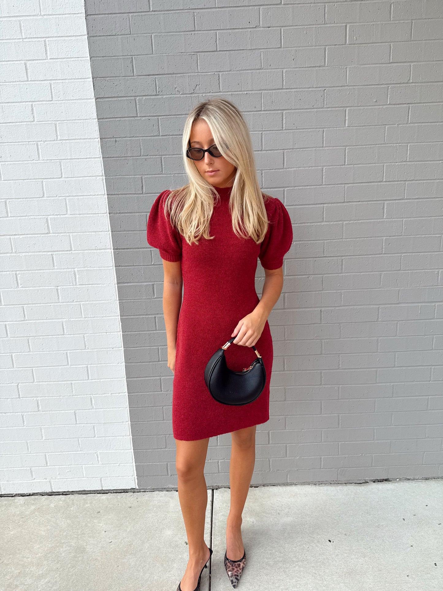 MOCK NECK PUFF SHORT SLEEVE MINI DRESS