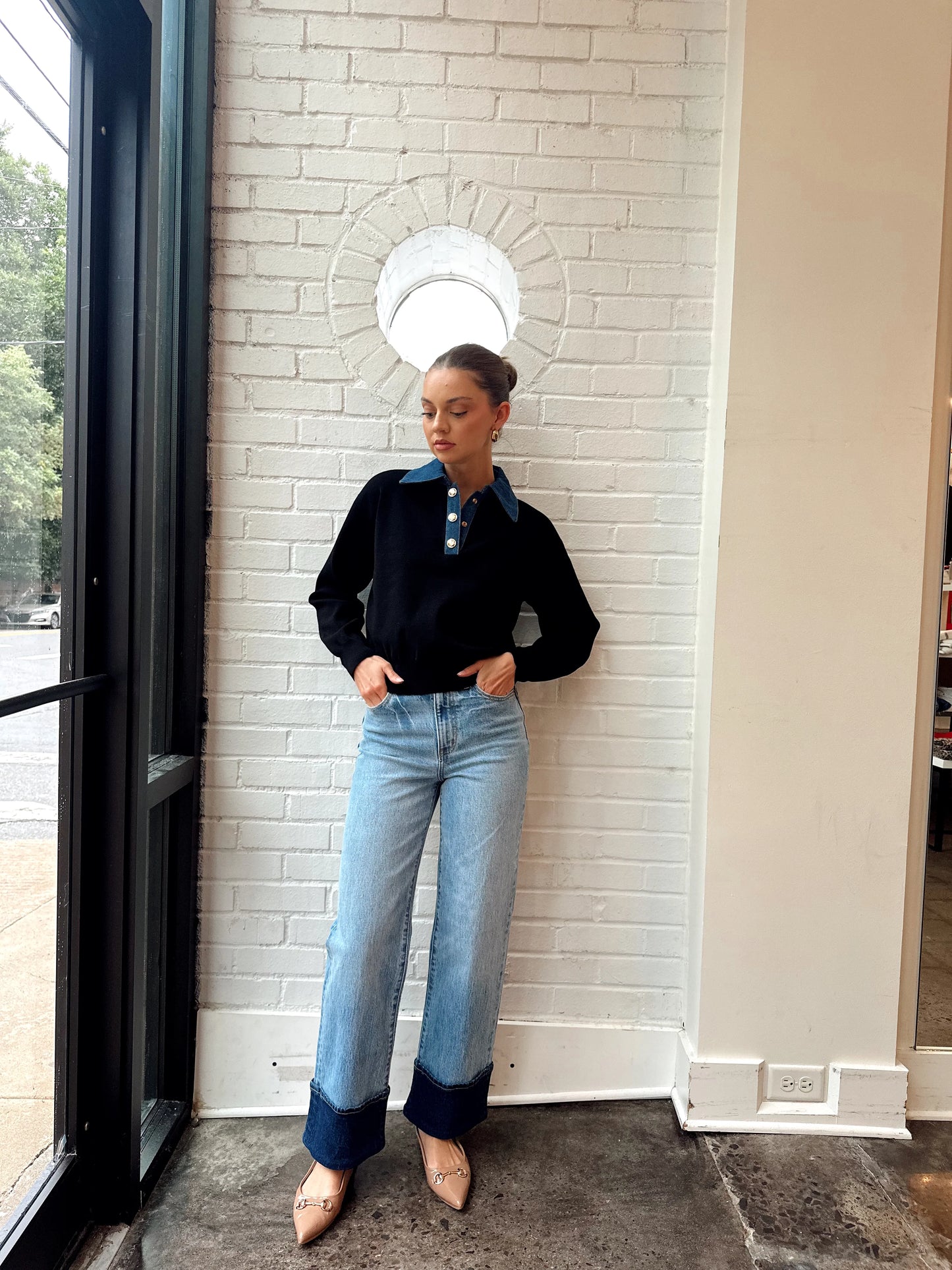DENIM/KNIT COLLARED SWEATER