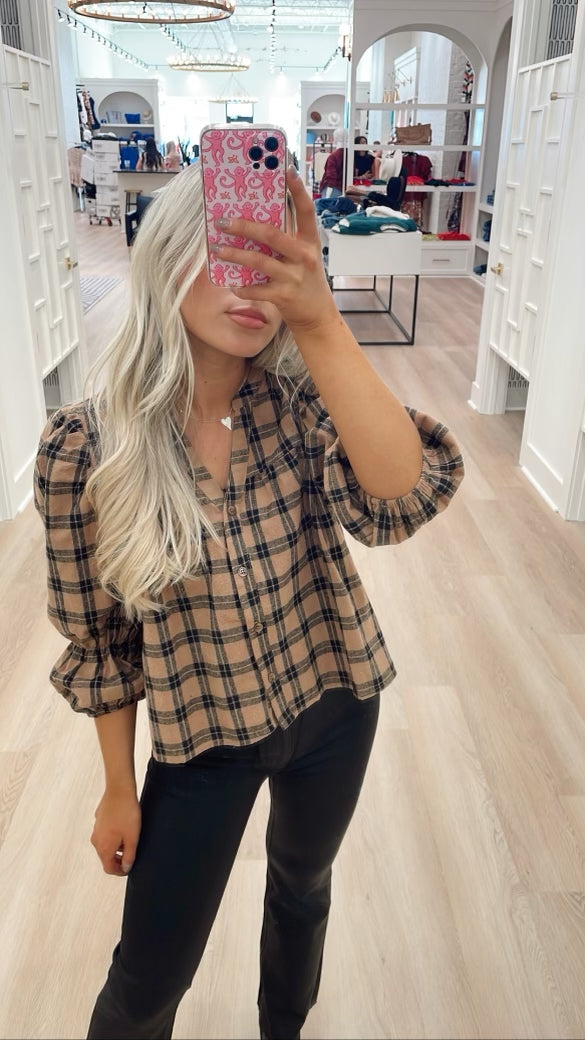 CHECKERED BUTTON DOWN BLOUSE