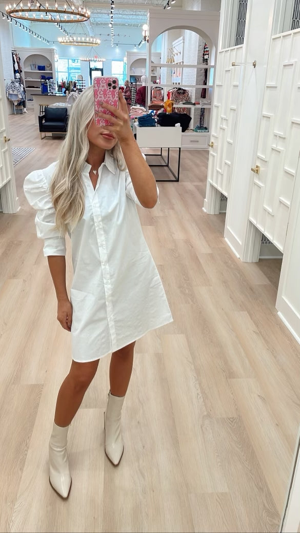 PUFF SLEEVE BUTTON DOWN SHIRT DRESS