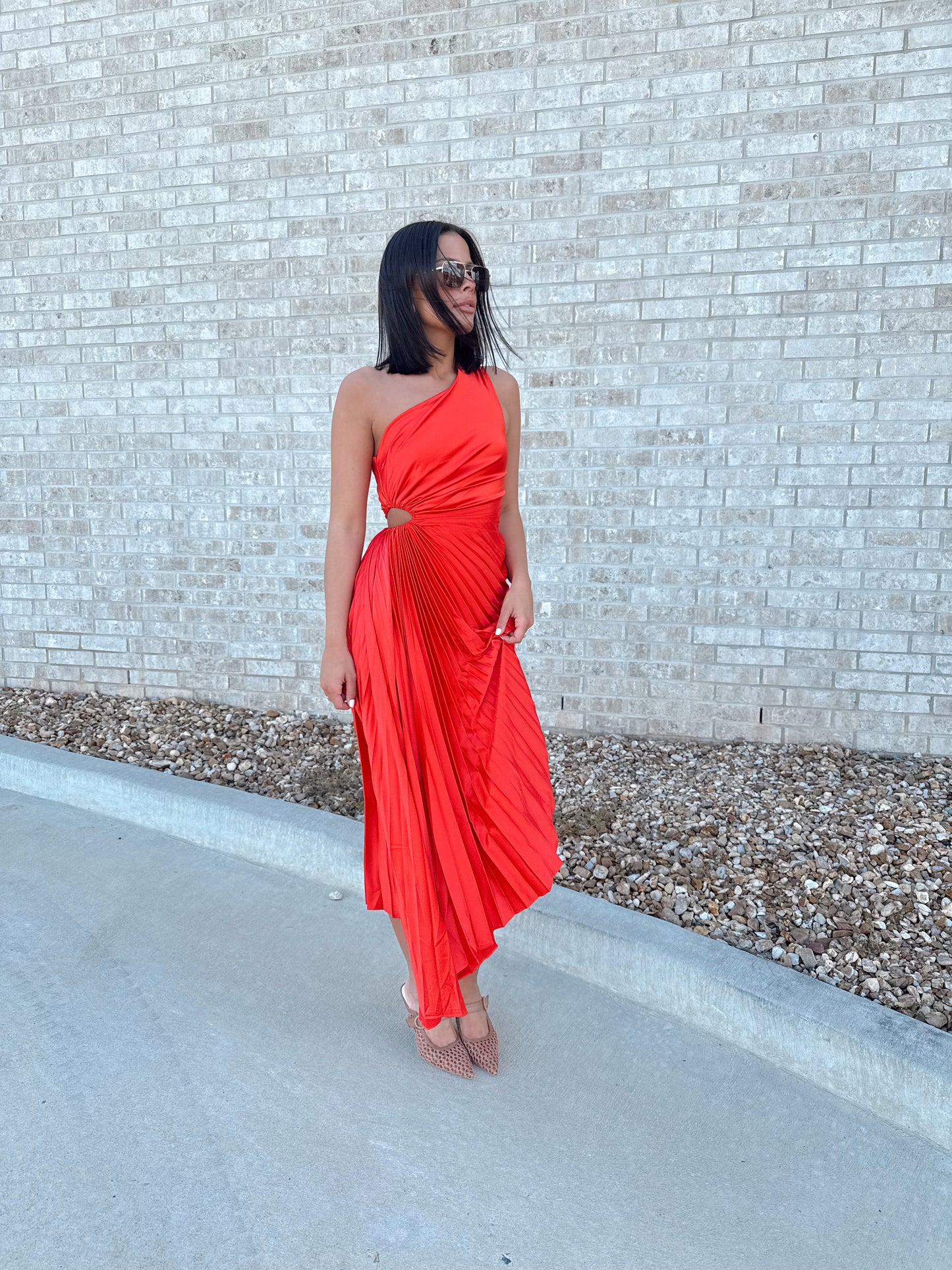 SOLID SATIN ONE SHOULDER PLEATED MAXI DRESS