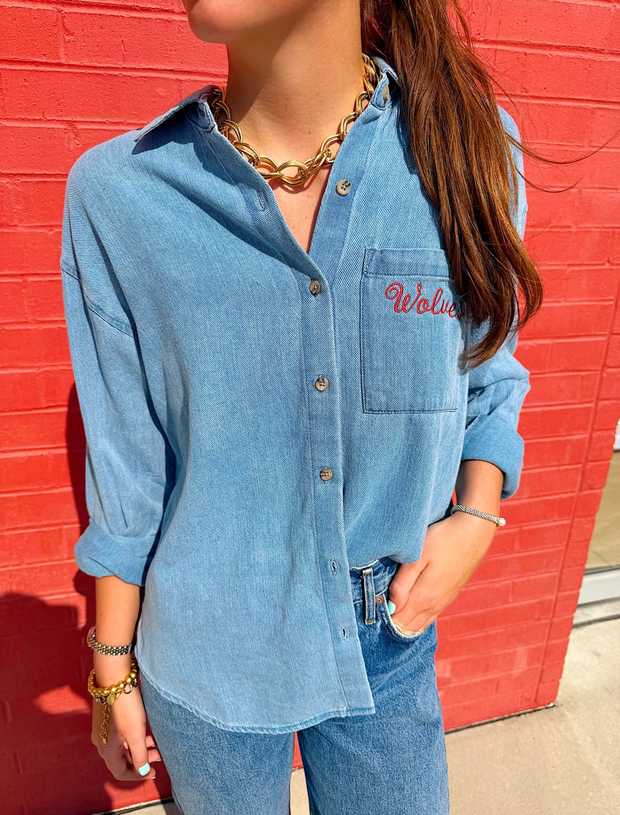 WOLVES EMBROIDERED DENIM BUTTON UP