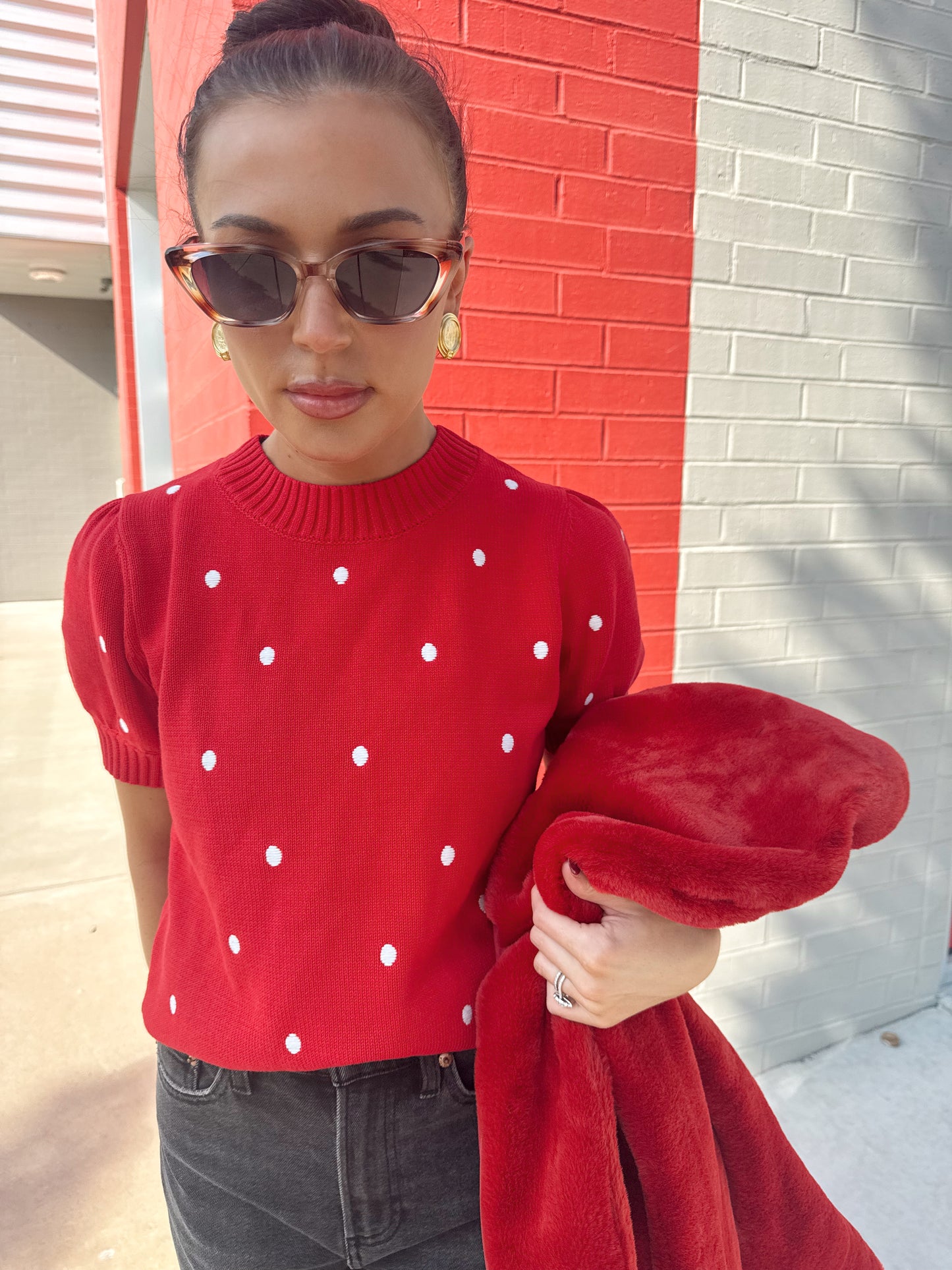 PUFF SLEEVE POLKA DOT SWEATER TOP