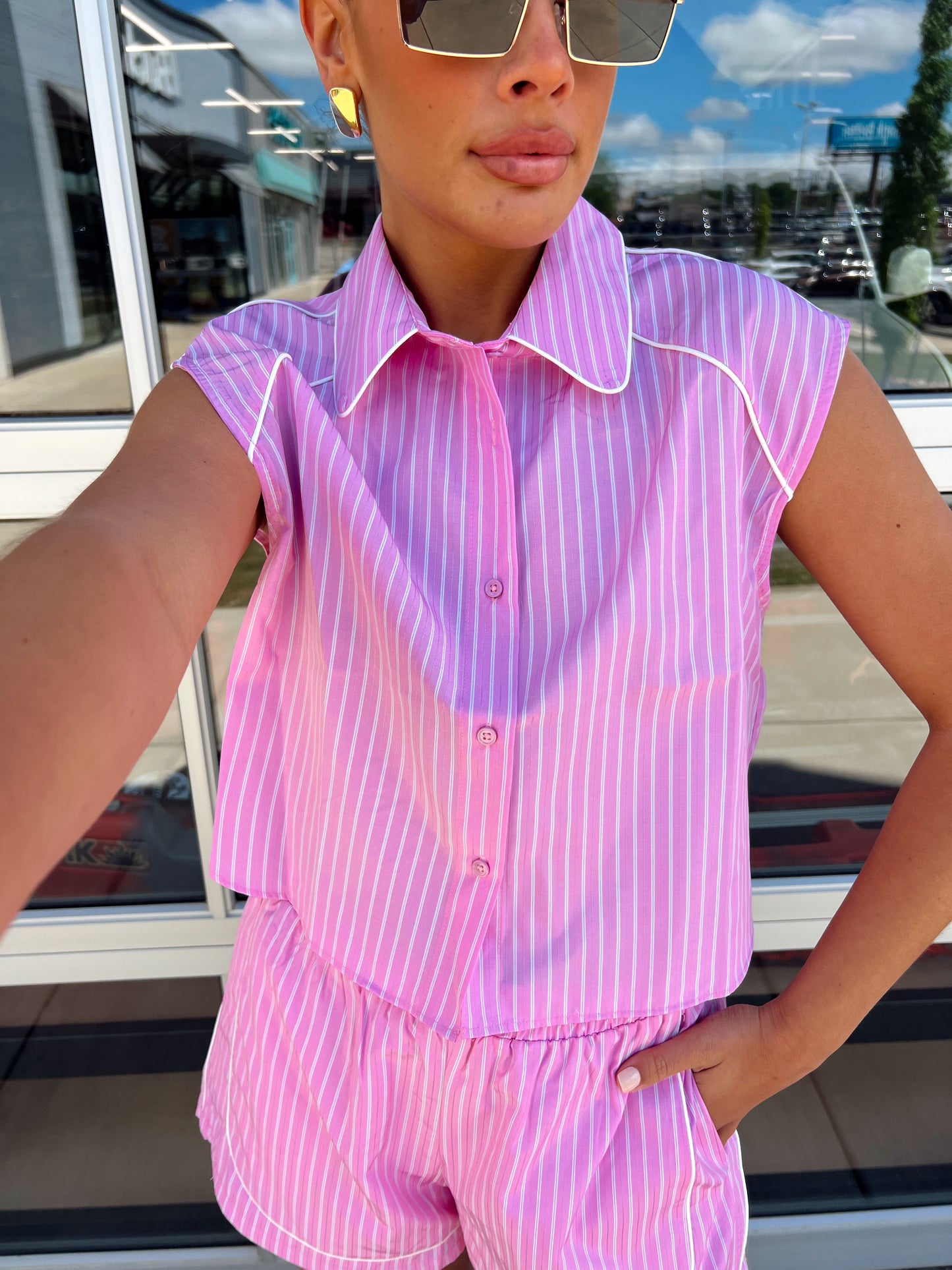 STRIPE CROP SHIRT W/ PIPING
