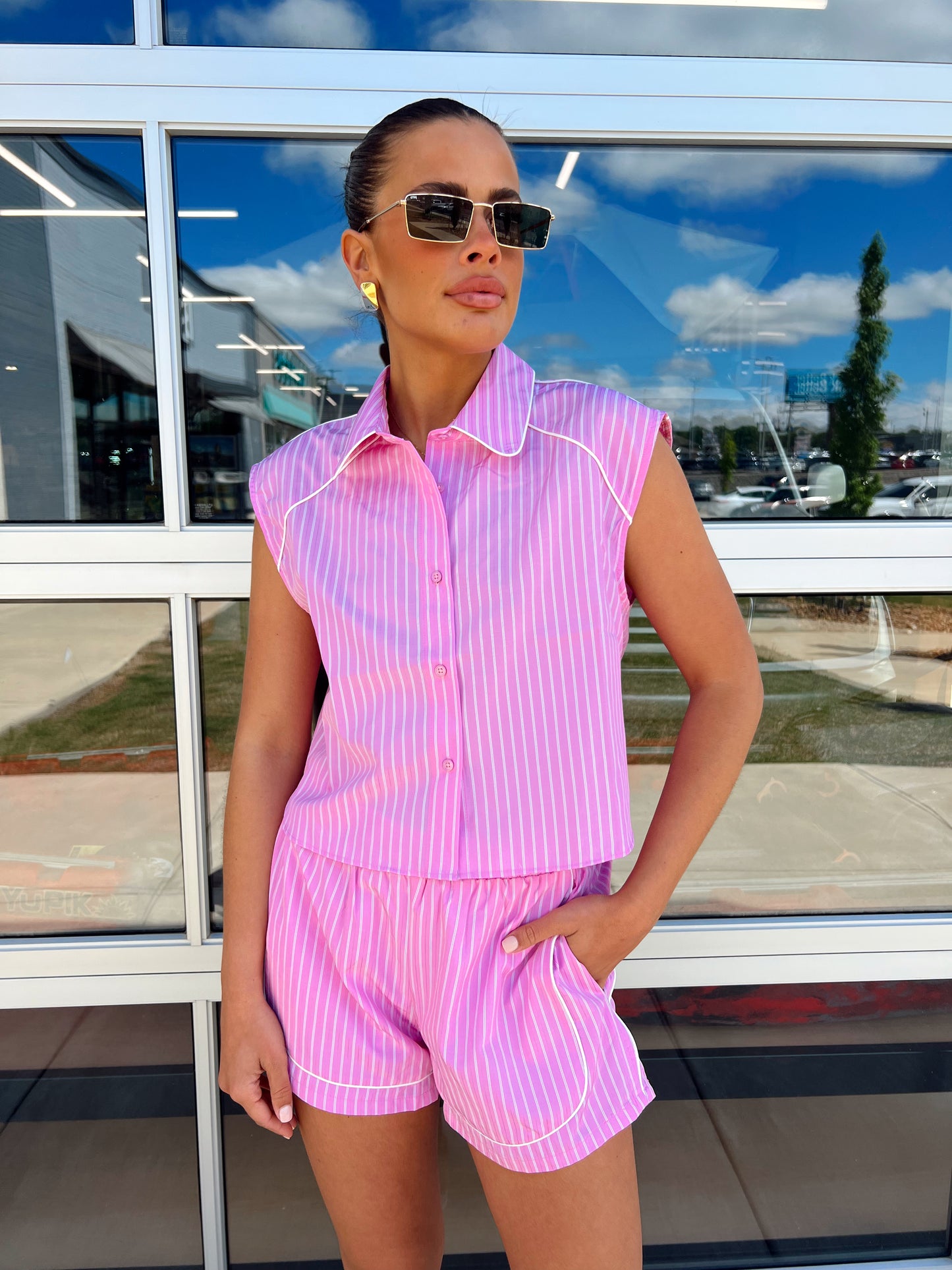 STRIPE CROP SHIRT W/ PIPING