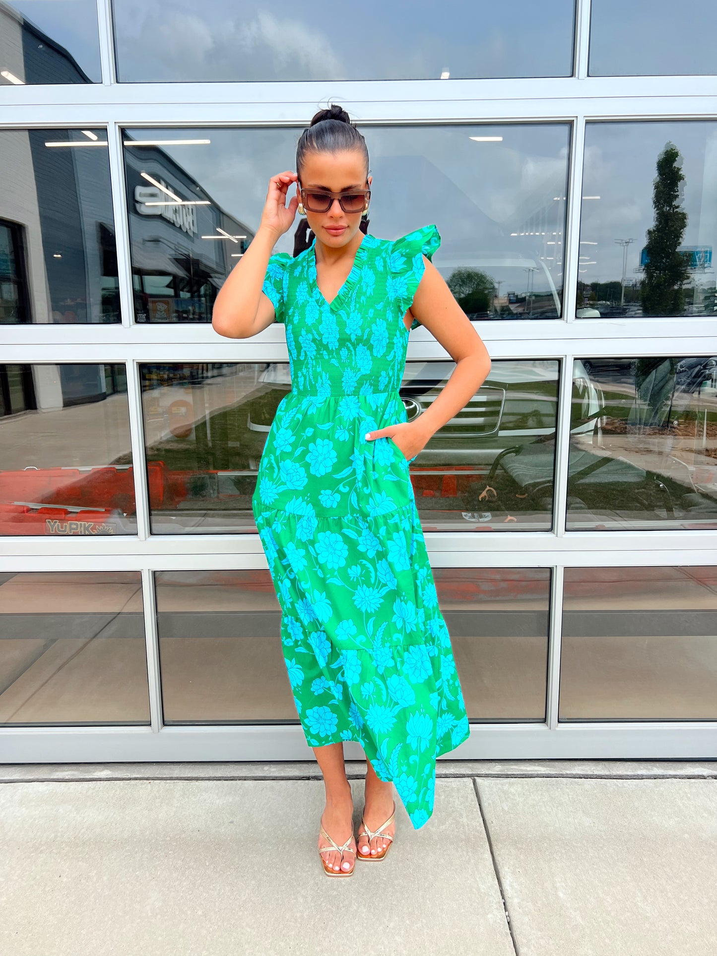 WATER LILY FLORAL SMOCKED MIDI DRESS