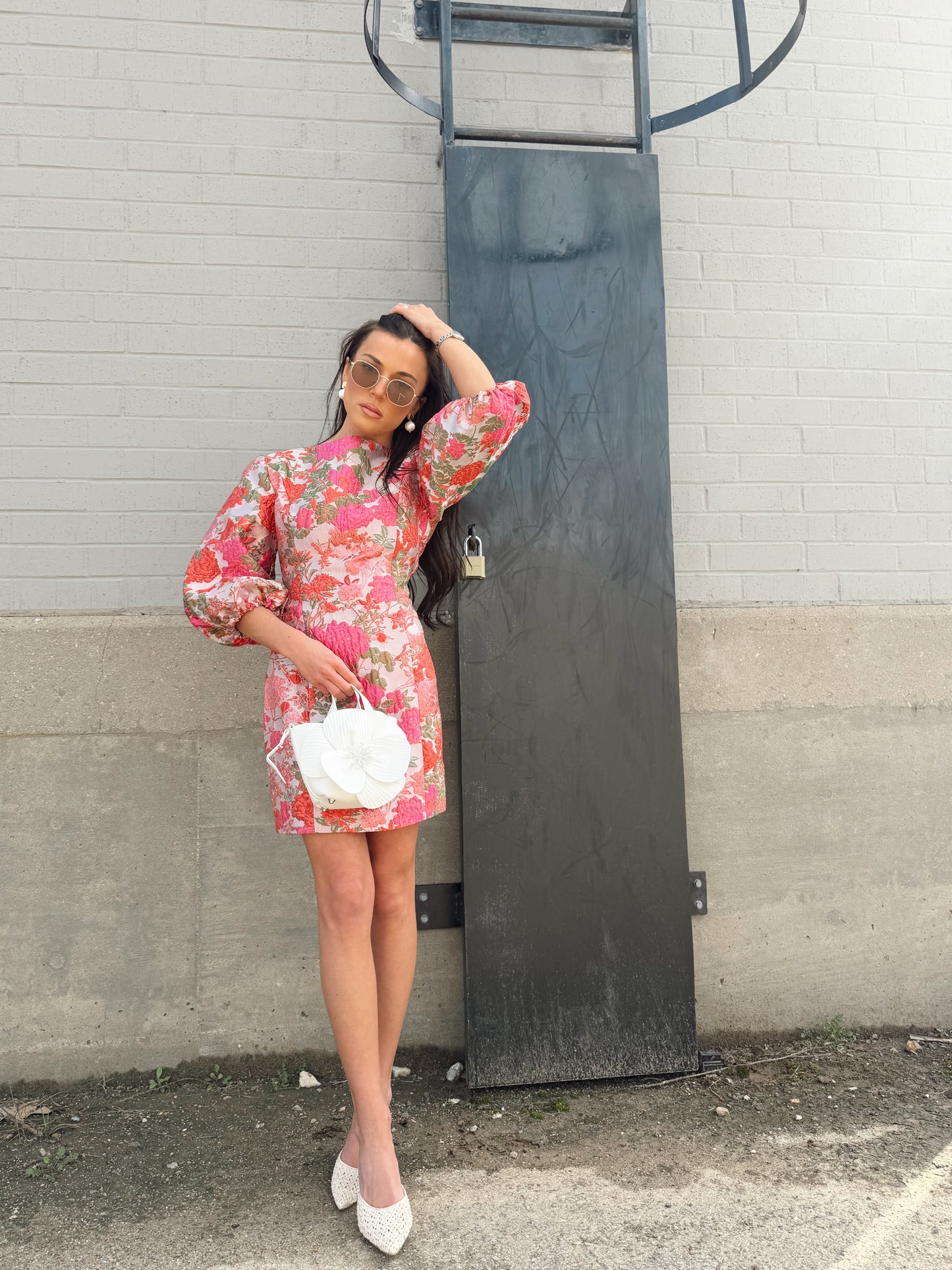 METALLIC FLORAL PUFF MINI DRESS