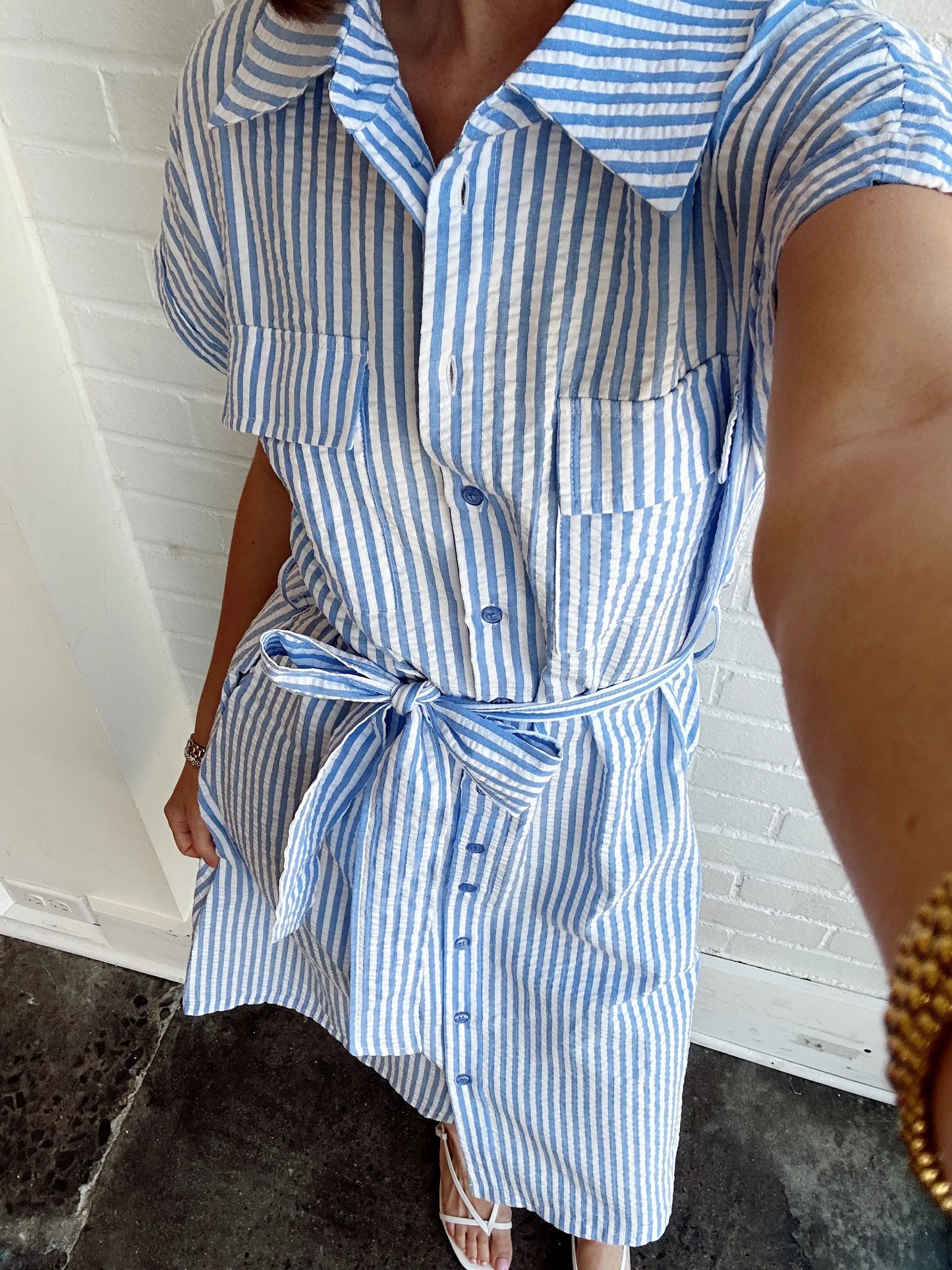 STRIPED SEER SUCKER BELTED DRESS