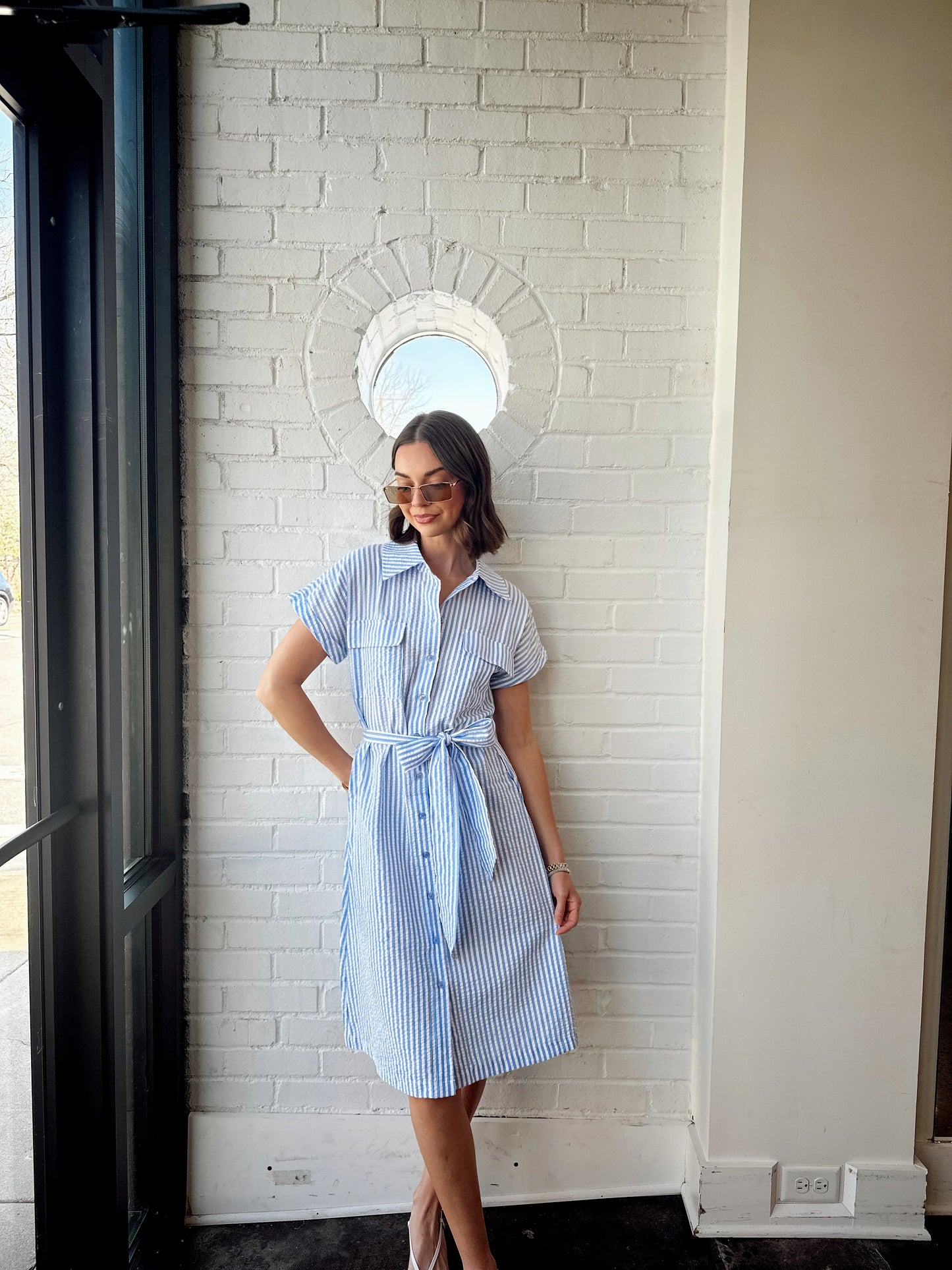STRIPED SEER SUCKER BELTED DRESS