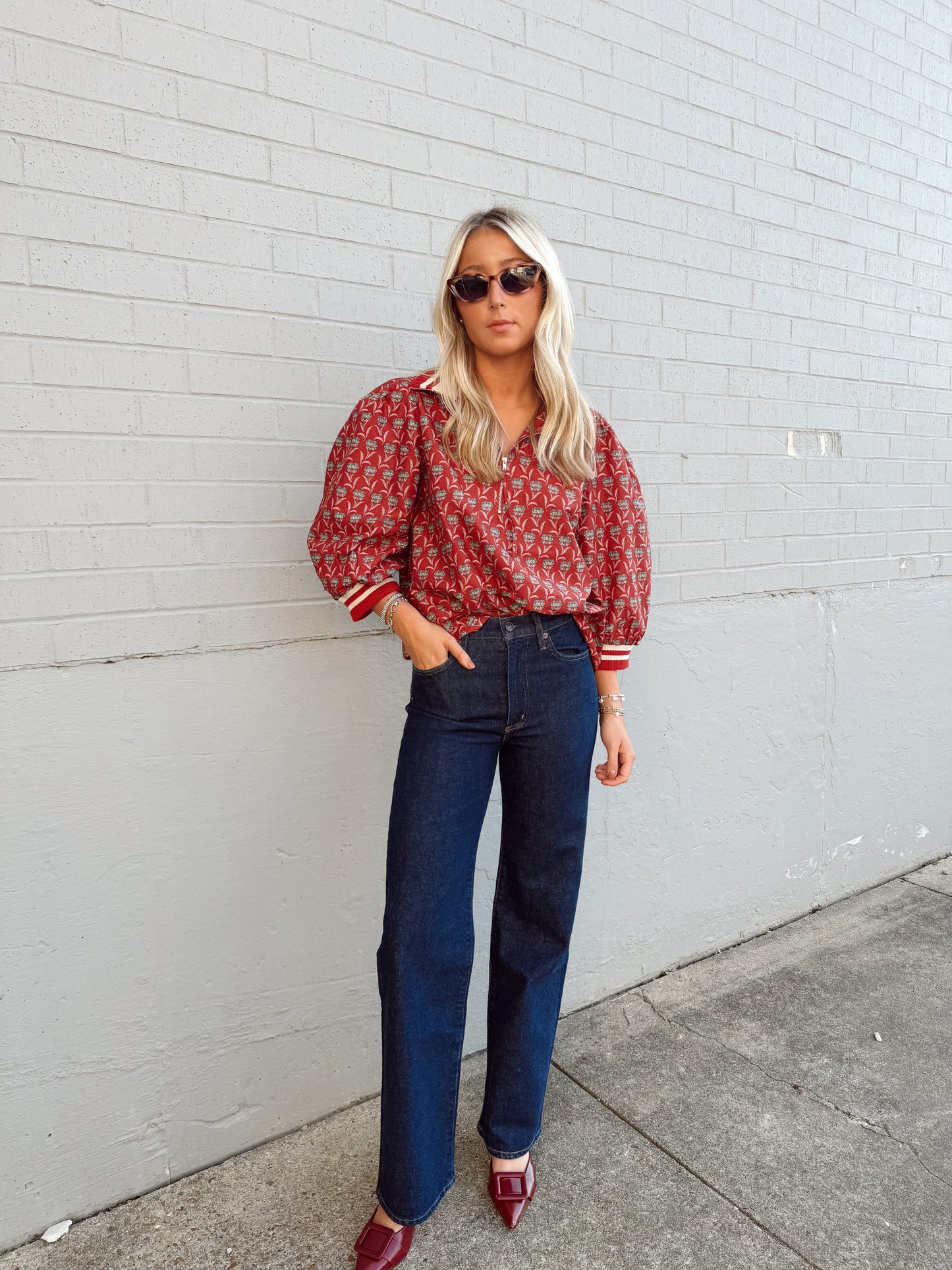 PUFF SLEEVE ZIP UP PRINTED BLOUSE
