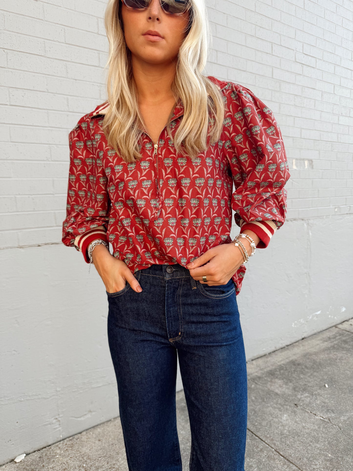 PUFF SLEEVE ZIP UP PRINTED BLOUSE