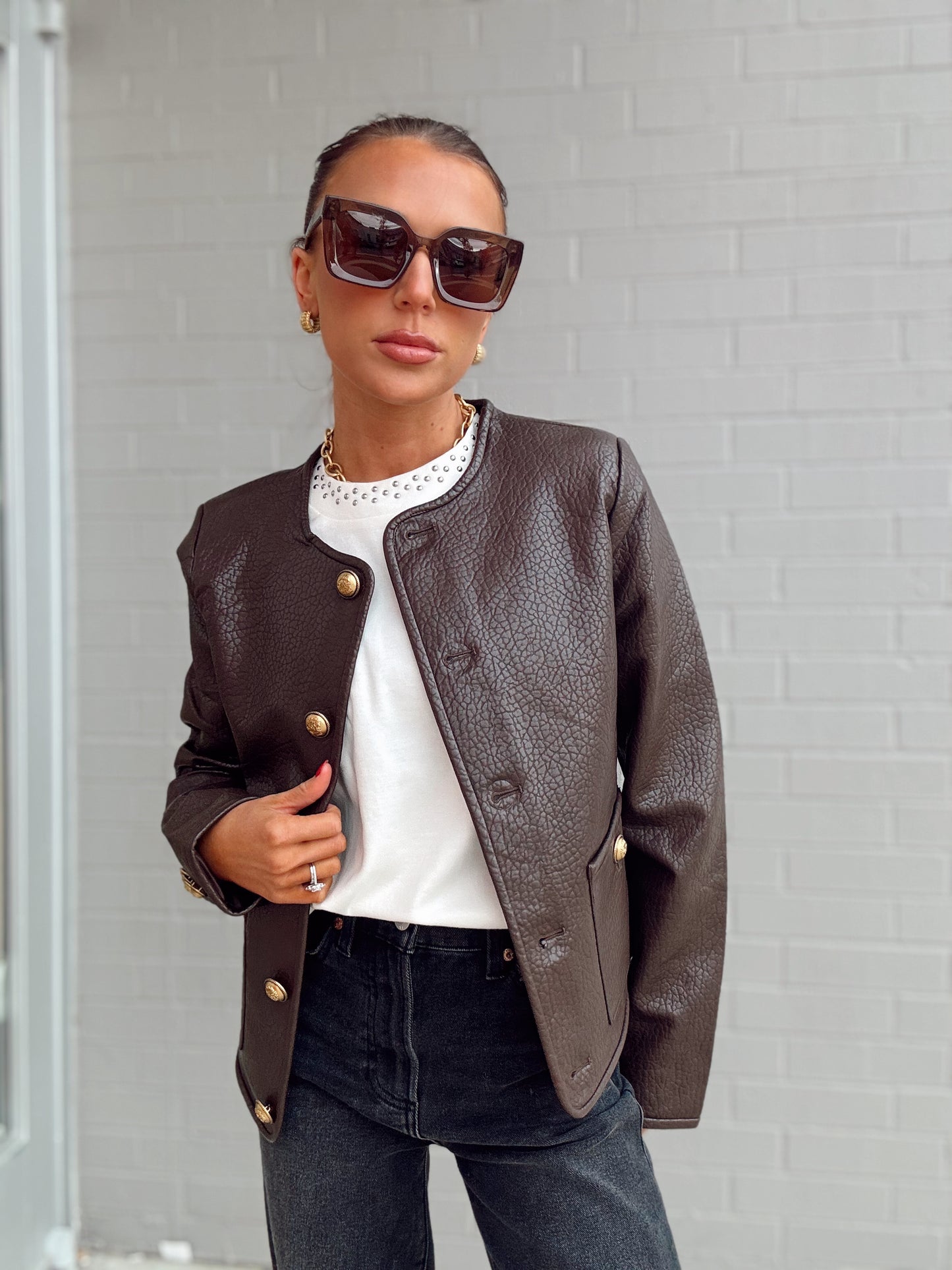 VEGAN LEATHER JACKET WITH GOLD BUTTONS