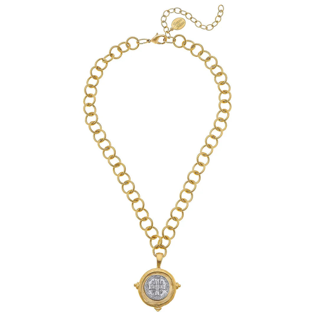 GOLD AND SLIVER BENEDICT CROSS NECKLACE