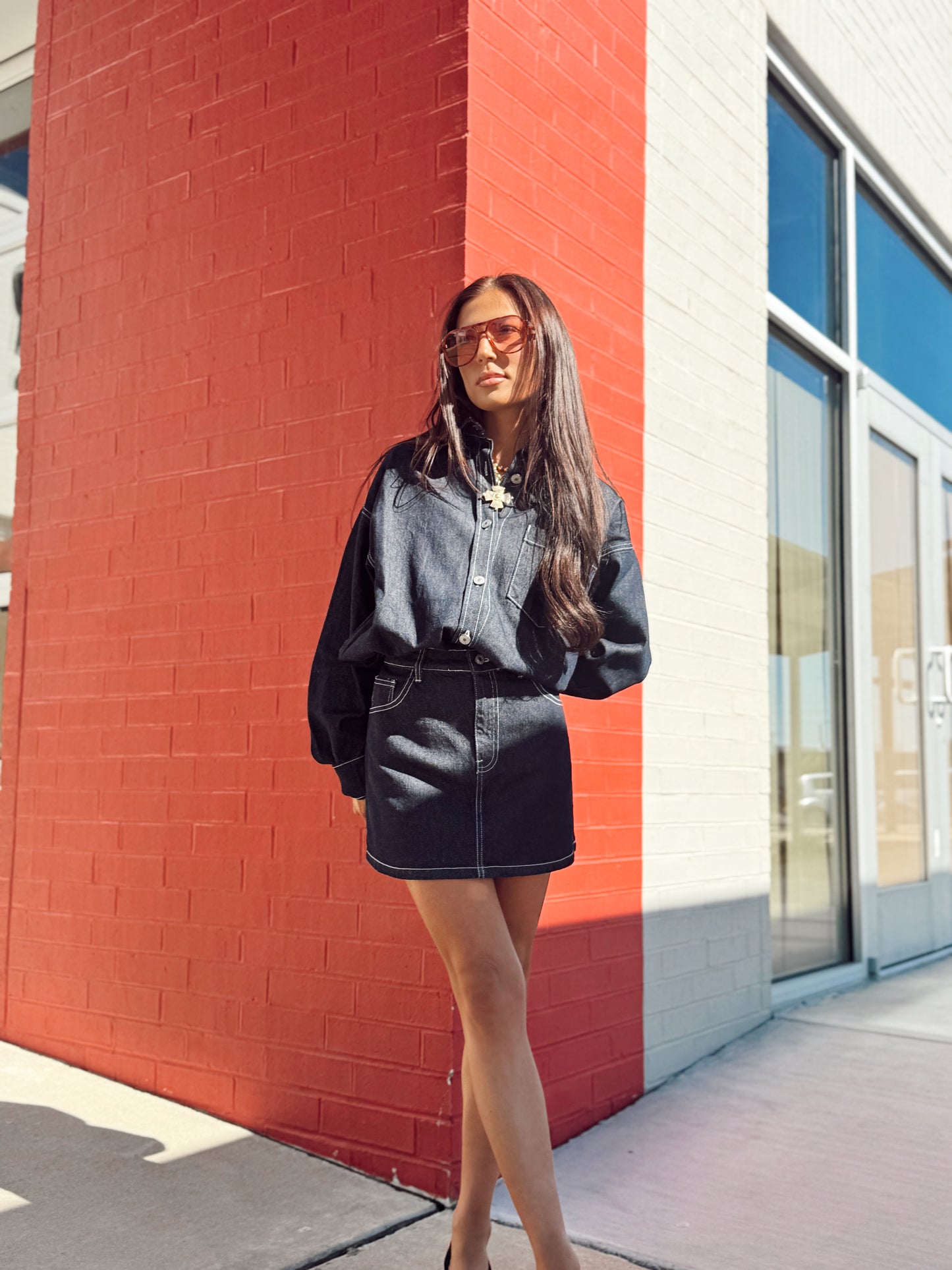 DENIM SHIRT MINI SKIRT SET