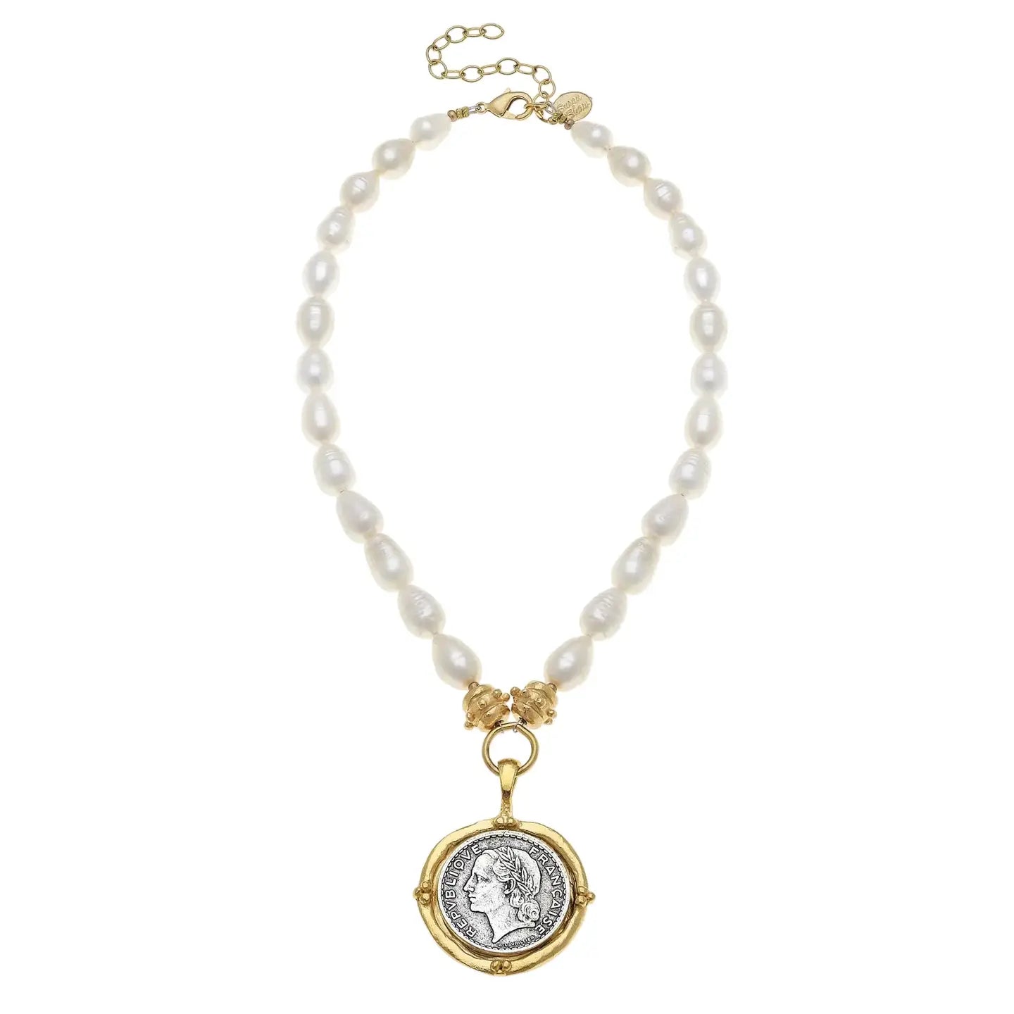 MIXED METAL ROMAN COIN PEARL NECKLACE