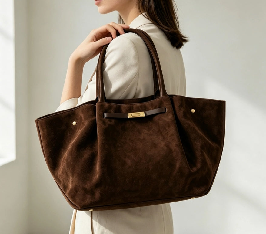 LARGE GENUINE SUEDE BAG W/ LEATHER DETAILS