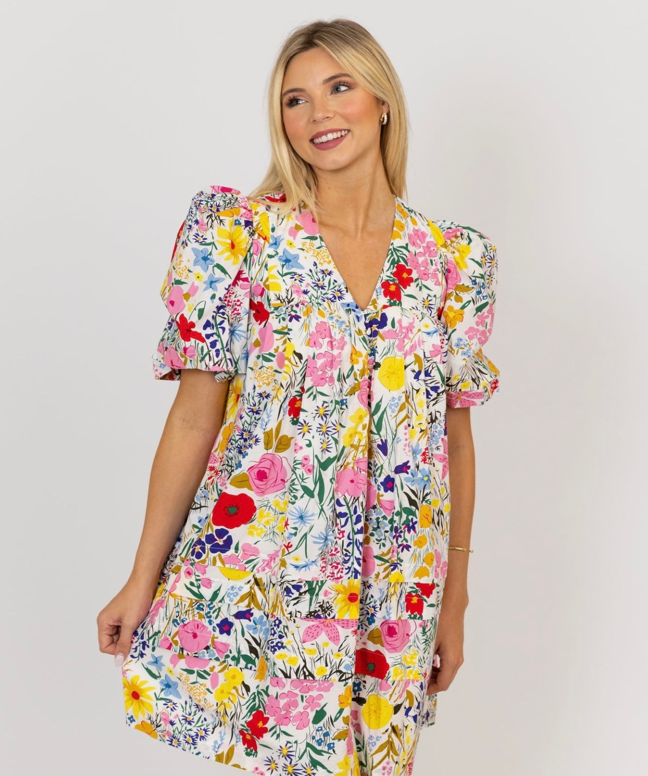 MULTI FLORAL PUFF SLEEVE DRESS