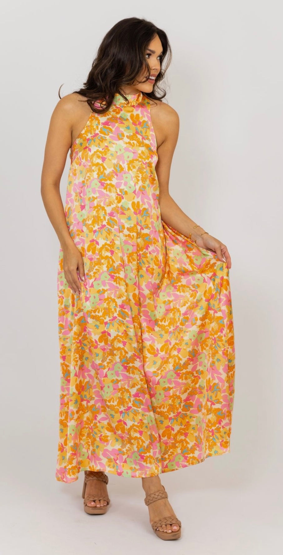 FLORAL SATIN HALTER DRESS