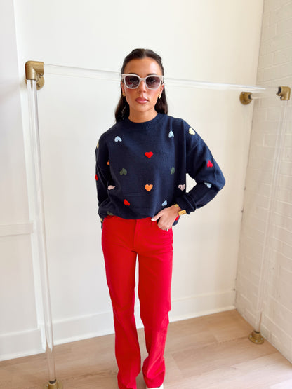 NAVY CREW NECK HEART SWEATER