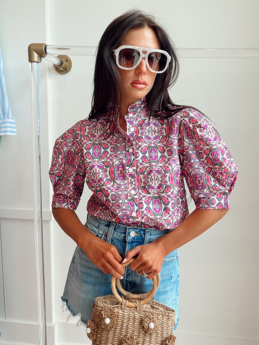 PUFF SHORT SLEEVE RUFFLE NECK TOP