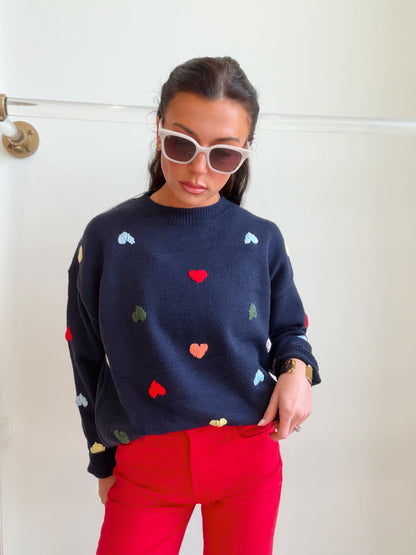 NAVY CREW NECK HEART SWEATER