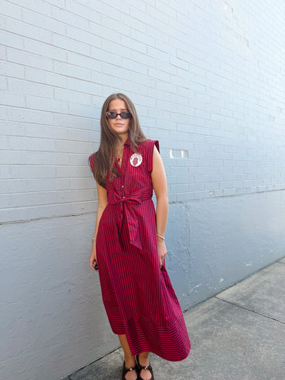 STRIPED TIE WAST MAXI DRESS