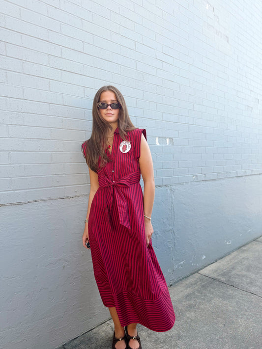 STRIPED TIE WAST MAXI DRESS