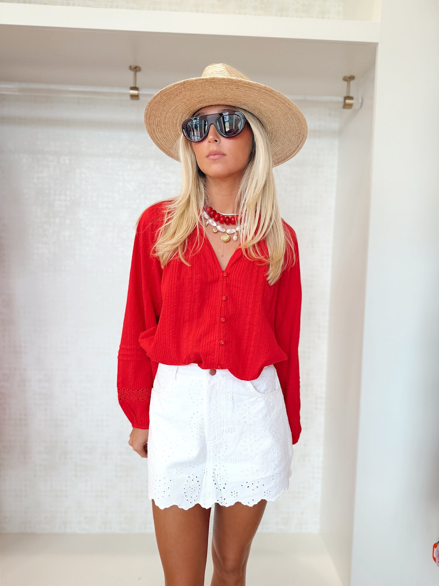 FLORAL EYELET LACE DENIM SKORT