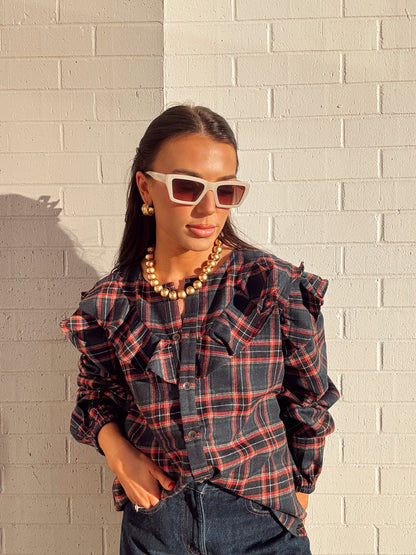 PLAID RUFFLE TOP