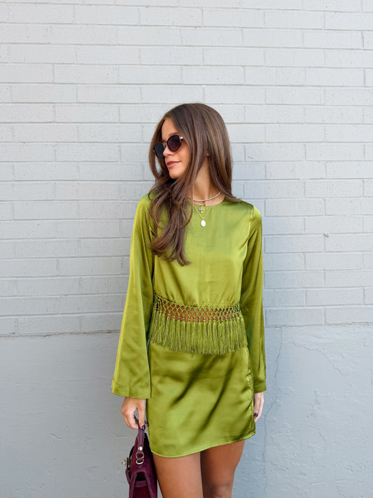 SATIN FRINGE HEM CROPPED TOP