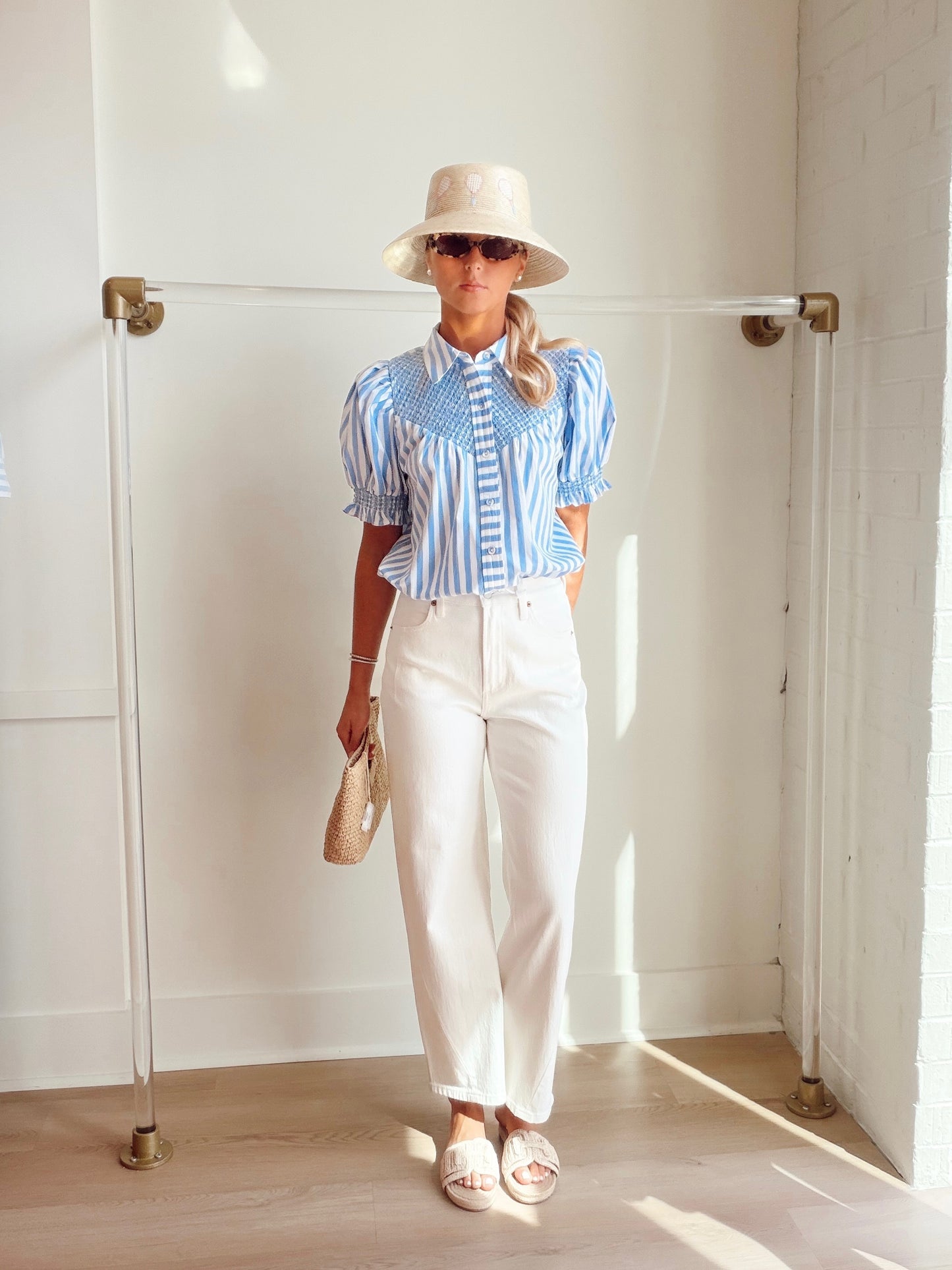 STRIPED BUTTON UP WITH SMOCKING