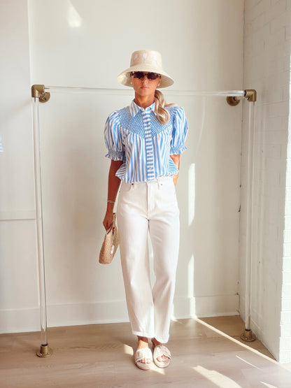 STRIPED BUTTON UP WITH SMOCKING